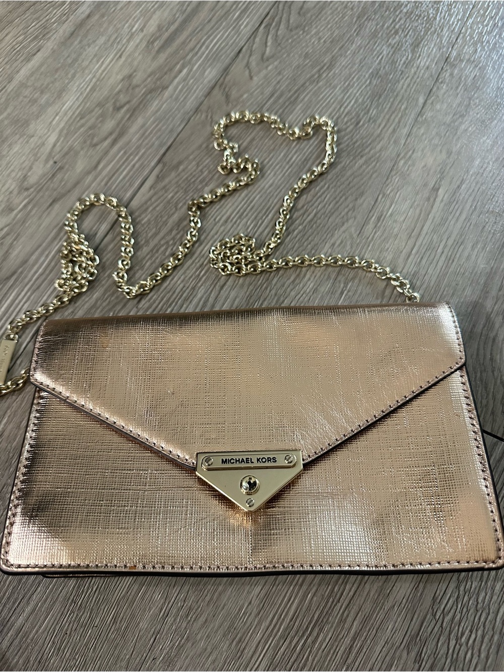 Michael Kors Grace Rose Gold Metallic Leather Envelope Clutch Bag Purse